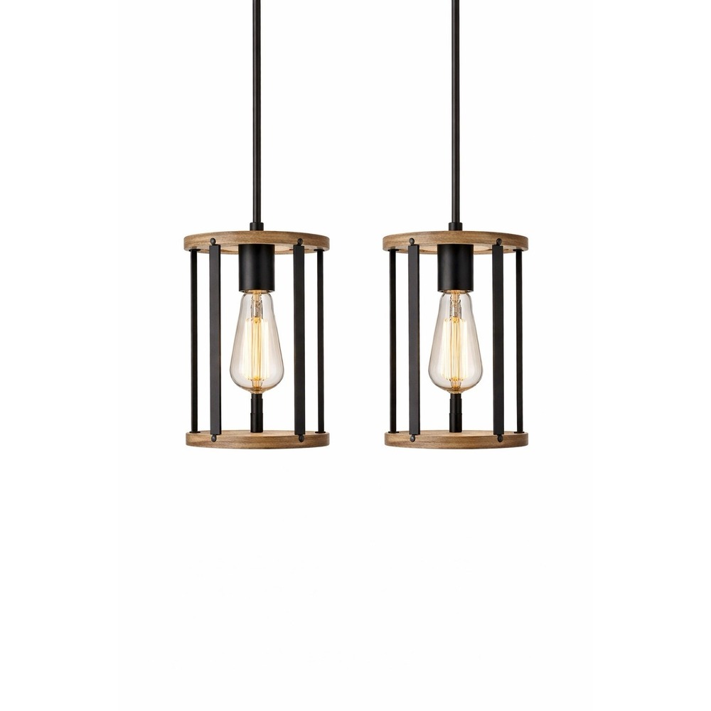 2 Pack Farmhouse Pendant Light Kitchen Island Hanging Black /wood Adjustable NEW - Picture 2 of 7